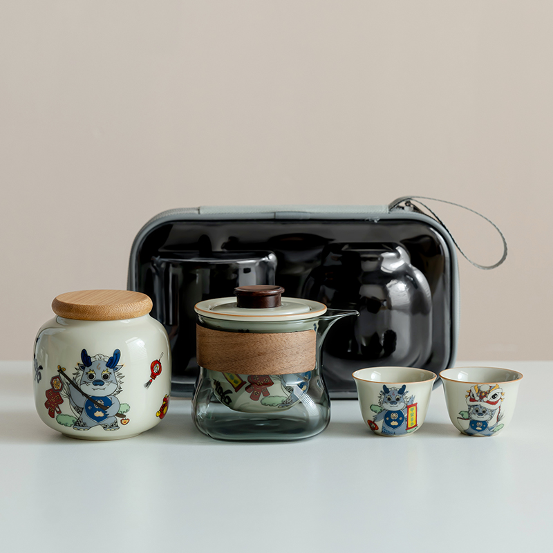 观策器隐蜜合釉齐乐萌龙旅行茶具陶瓷茶壶茶杯快客杯功夫茶具装