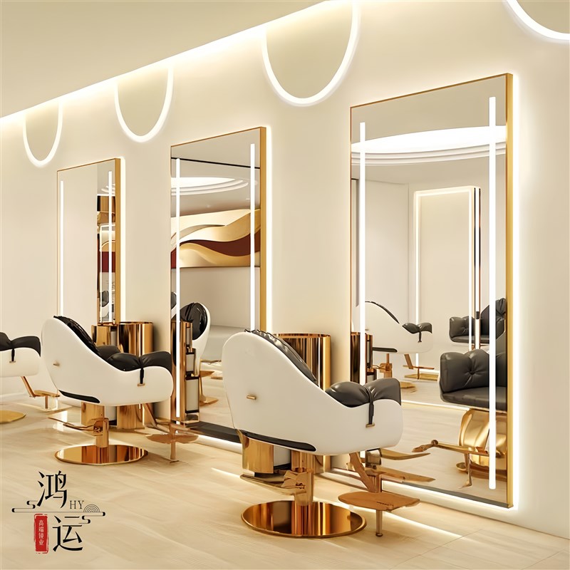 爆款美发镜台理发店镜子发廊专用简约LED灯带高清单面挂墙剪发镜