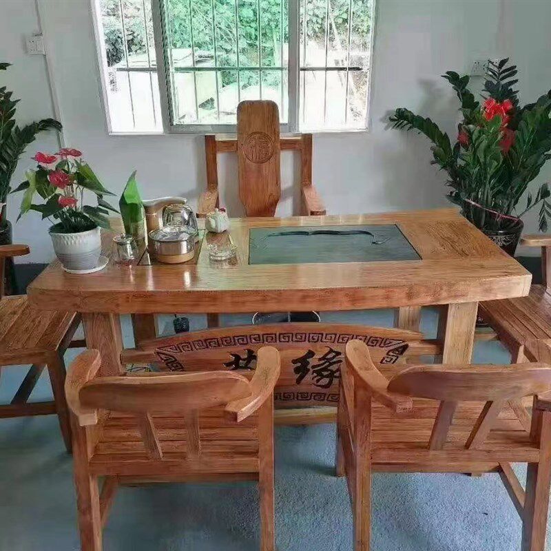 黄榆木大板茶桌茶台中式实木茶台原木泡茶桌椅组合家用办公室茶室