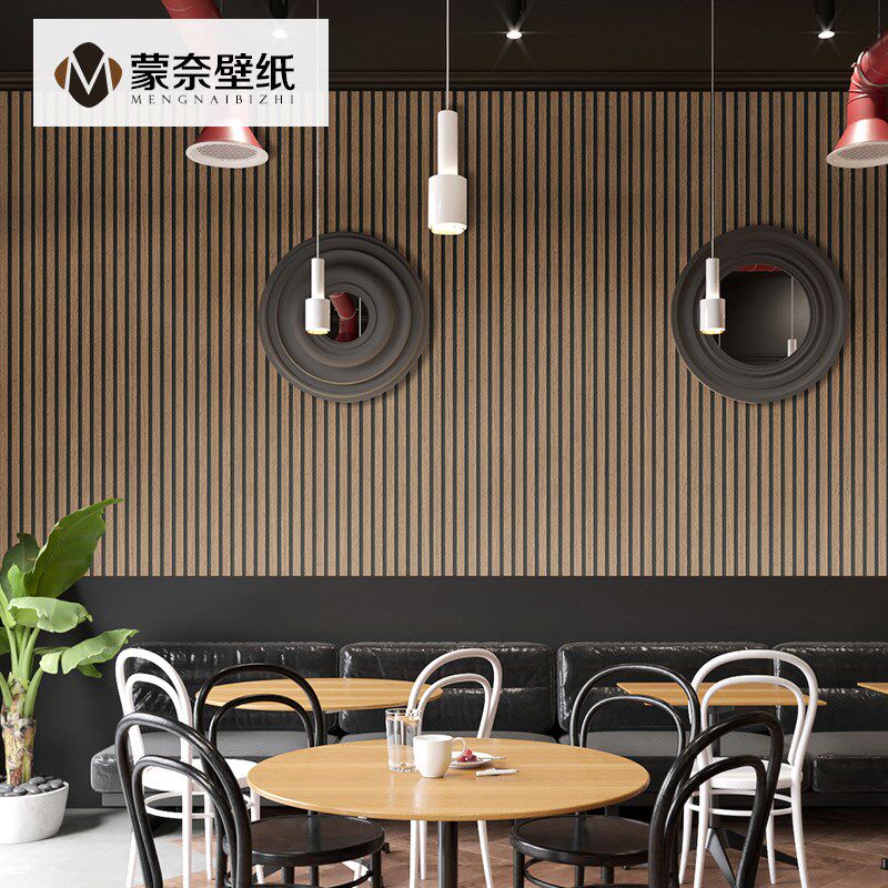 复古中式古风木纹格栅墙纸非自粘客厅卧室餐厅背景墙壁纸店铺装修