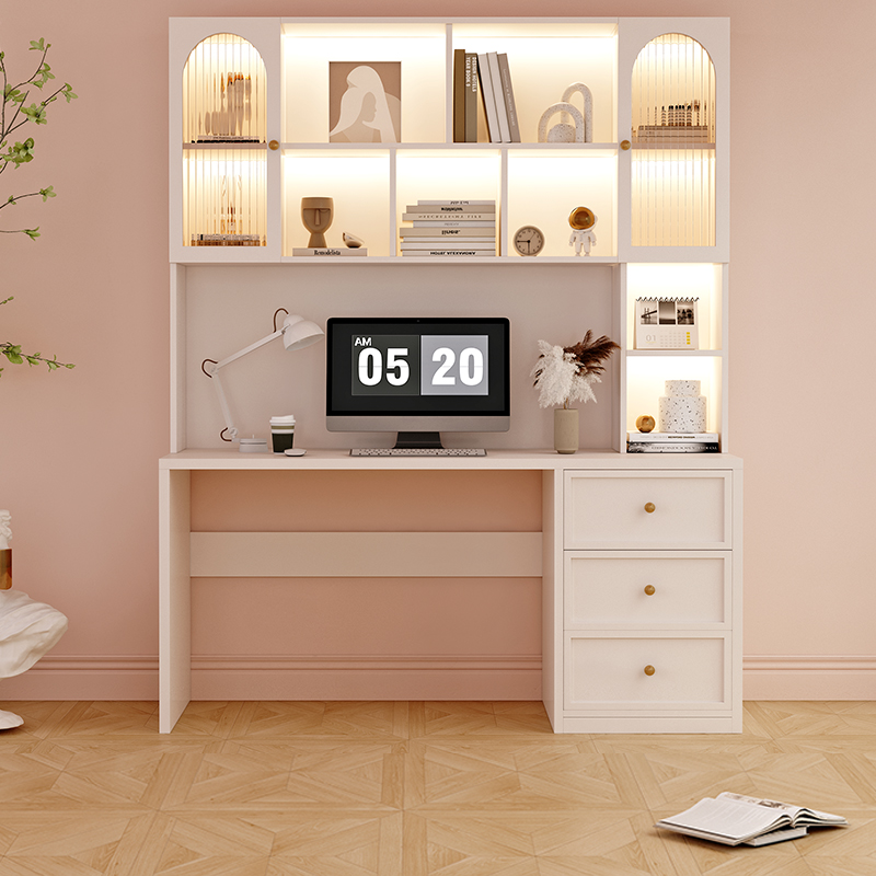 实木书桌书架一体家用学生写字桌台式办公桌奶油风简约卧室电脑桌