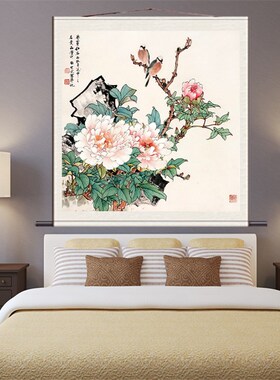 斗方卷轴画花鸟画家居装饰画卧室壁画牡丹小鸟厚德载物丝绸挂画新