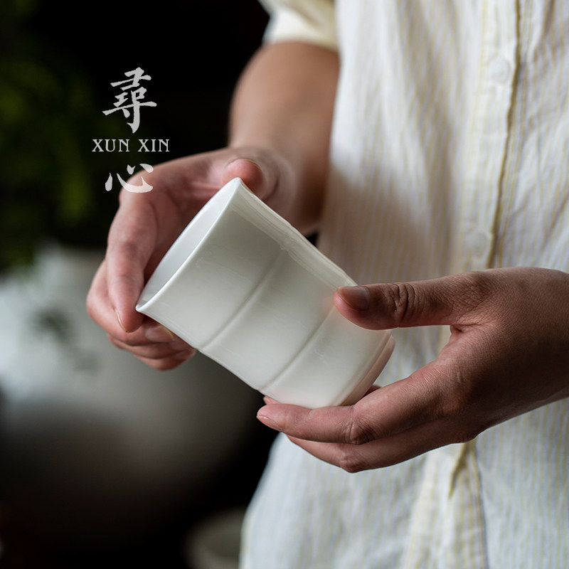 青瓷功夫茶杯竹节品茗杯主人杯白瓷陶瓷大号茶杯功夫茶单个喝水杯
