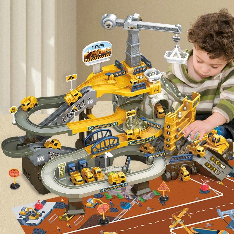 儿童轨道汽车大楼玩具益智电动火车大冒险滑行盘山公路男孩停车场