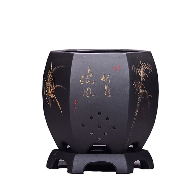 精品紫砂花盆简约透气六方形兰花盆室内桌面盆景盆文竹盆陶瓷花盆