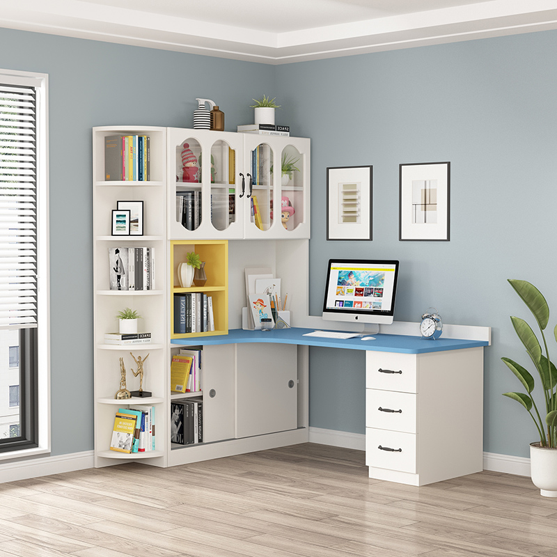 实木转角书桌书架一体家用学生写字桌子带书柜简约台式电脑桌