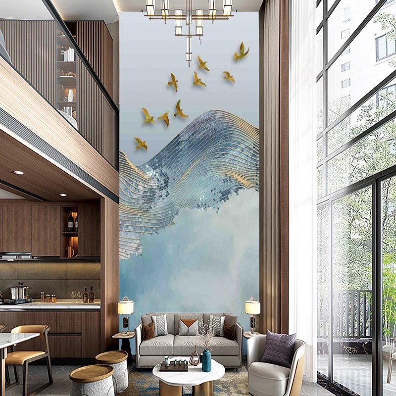 复式楼别墅挑空电视背景墙壁纸8d山水画墙布玄关竖版墙纸中式壁画