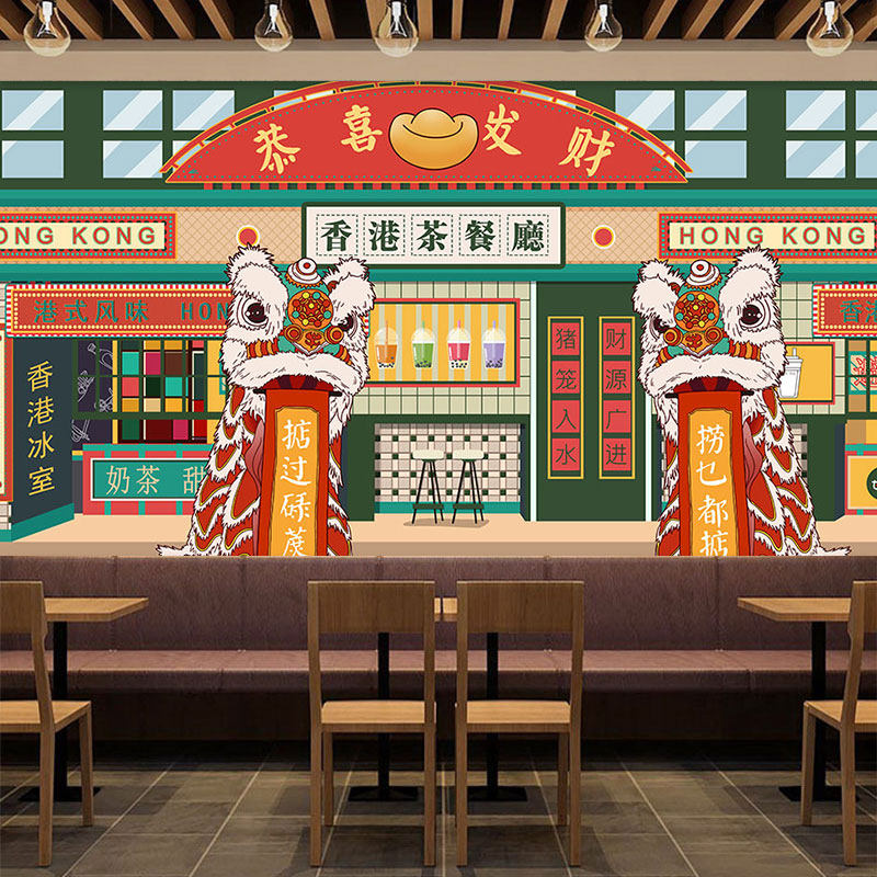 3d港式茶餐厅墙纸复古怀旧甜品奶茶店墙面装饰壁画港风火锅店壁纸