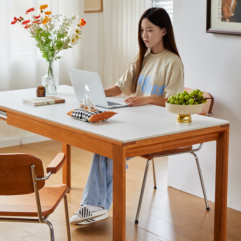 实木岩板餐桌可伸缩小户型岛台餐桌椅家用原木折叠樱桃木饭桌