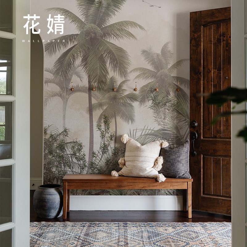 壁画定制法式复古雨林民宿卧室墙布东南亚客厅电视背景墙装饰壁纸