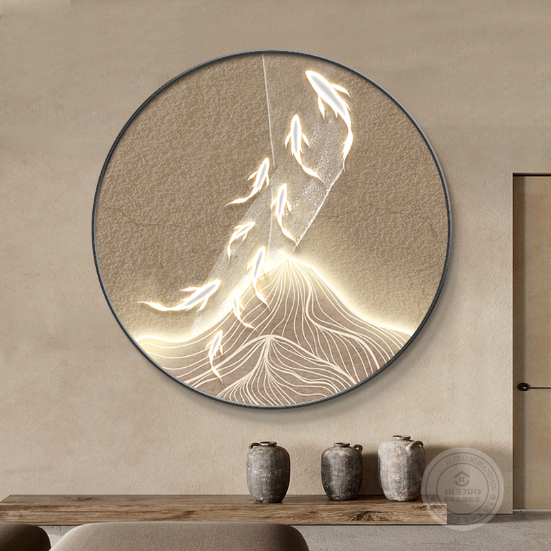 侘寂风九鱼聚财图玄关装饰画走廊过道圆形挂画高级感餐边柜壁画