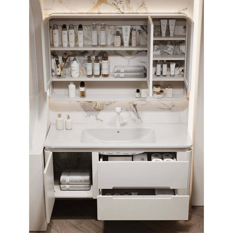 奶油风橡木烤漆智能卫生间圆角浴室柜组合陶瓷岩板热弯一体台盆