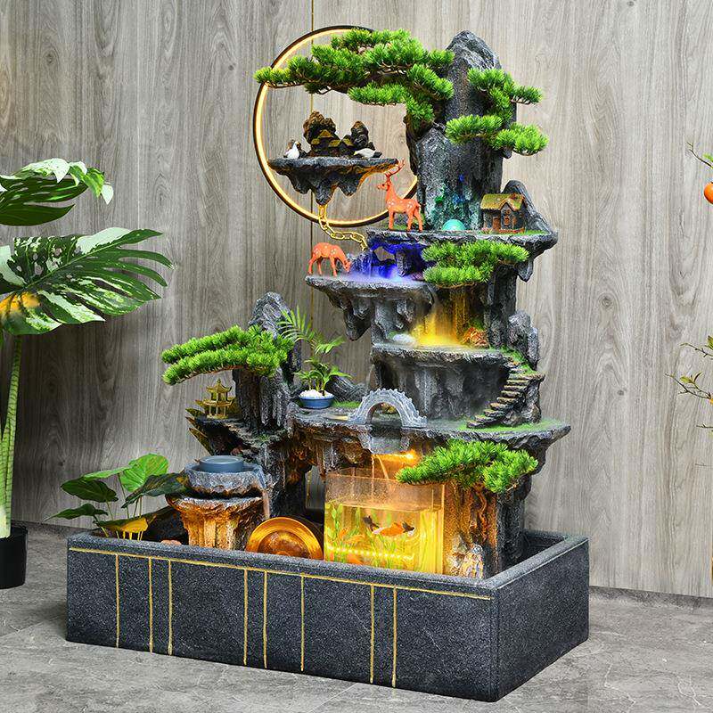 中式山水景流摆件客厅装饰开业送观礼办公室地摆件循环水鱼LAM水