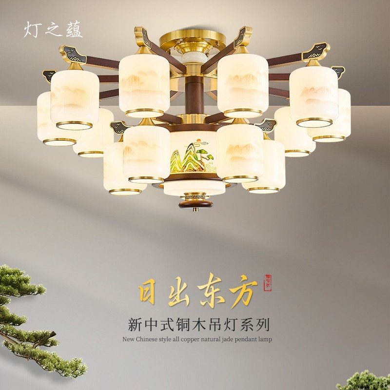 全铜新中式复式楼客厅大吊灯