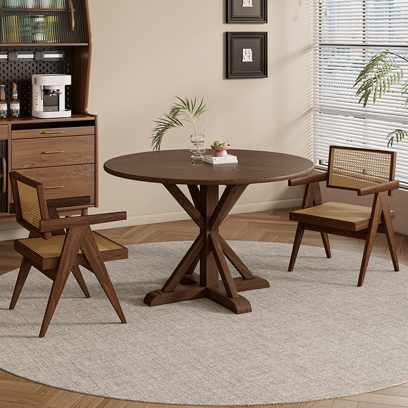 家用饭桌中古风樱桃木黑胡桃木简约白蜡木餐桌台圆形红橡木小户型