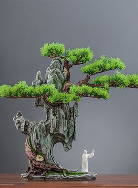 水族鱼缸造景创意仿真迎客松树脂假山酒店盘锦室内客厅摆件装饰品