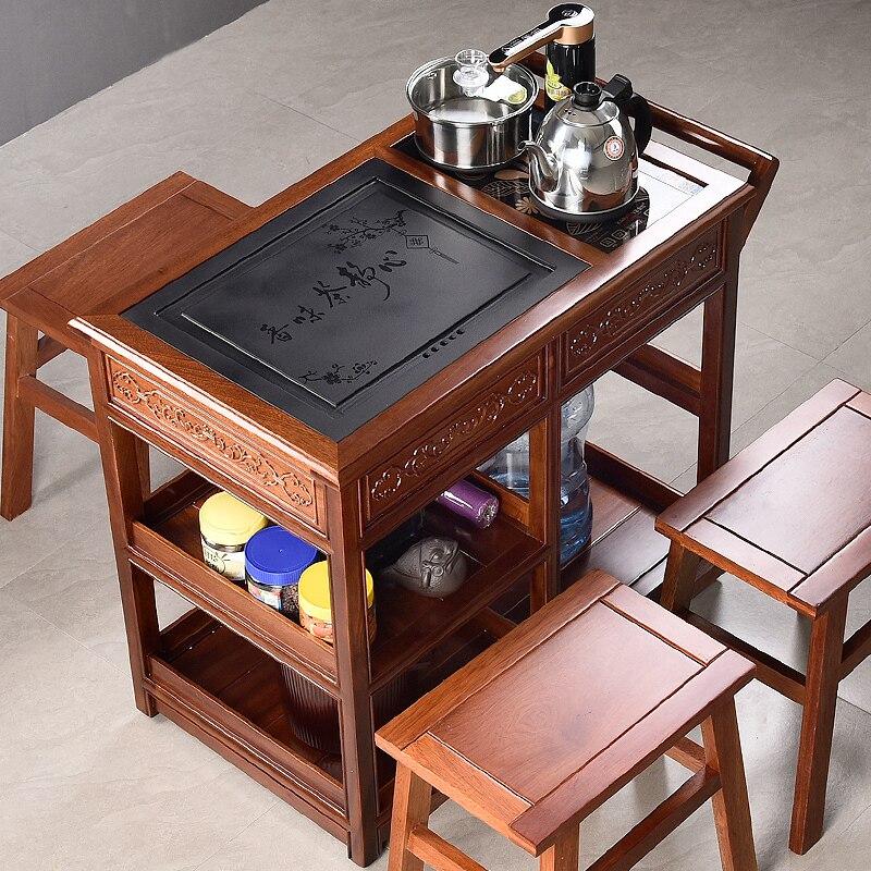 唐春实木茶桌茶台移动泡茶车家用套装中式乌金石沙比利带轮