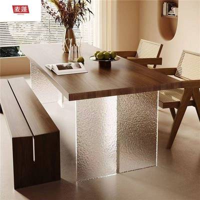 BHN亚克力麦悬浮餐桌小户型原木蓬风客厅书桌桌电脑桌长椅方形吃