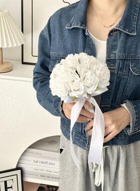 仿真花把白色湿SRX玫瑰手捧花新保娘婚礼拍照道具绢花摄韩式影束