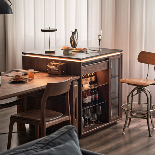 实木餐厅家用岛台小户型客厅黑胡桃木餐边柜餐桌备餐操作台料理台