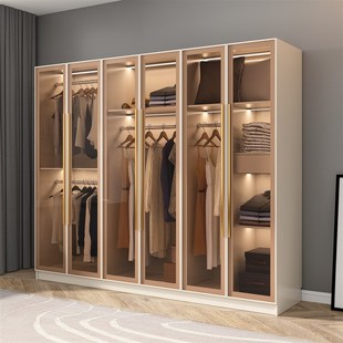 衣柜家用卧室简约现代衣帽间柜子组合玻璃门梳妆台一体衣橱小户型