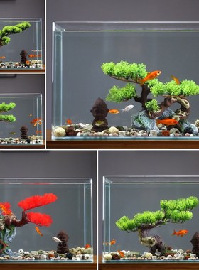 优选装饰造景摆件迎客松t客厅假山玄关柜仿真罗汉松树室内生态景,