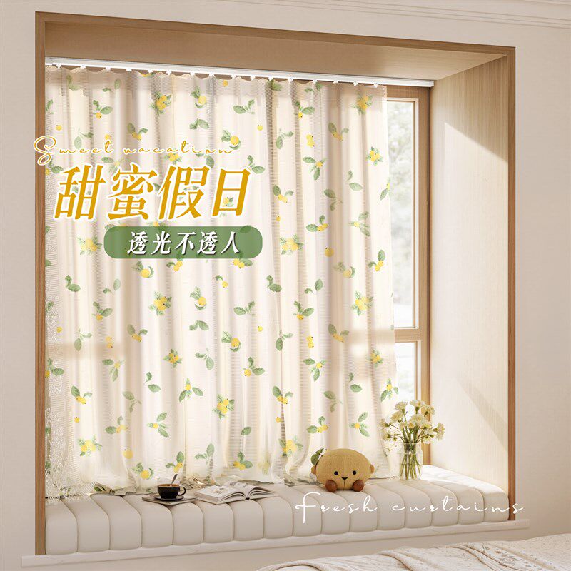 2025新款飘窗帘短款小窗户出租房清新透光不透人双层窗纱一体