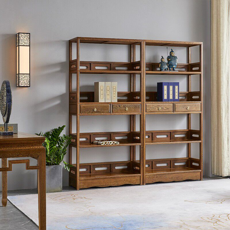 红木家具 鸡翅木四层带抽屉书架书橱书柜 办公书房仿古实木展示架