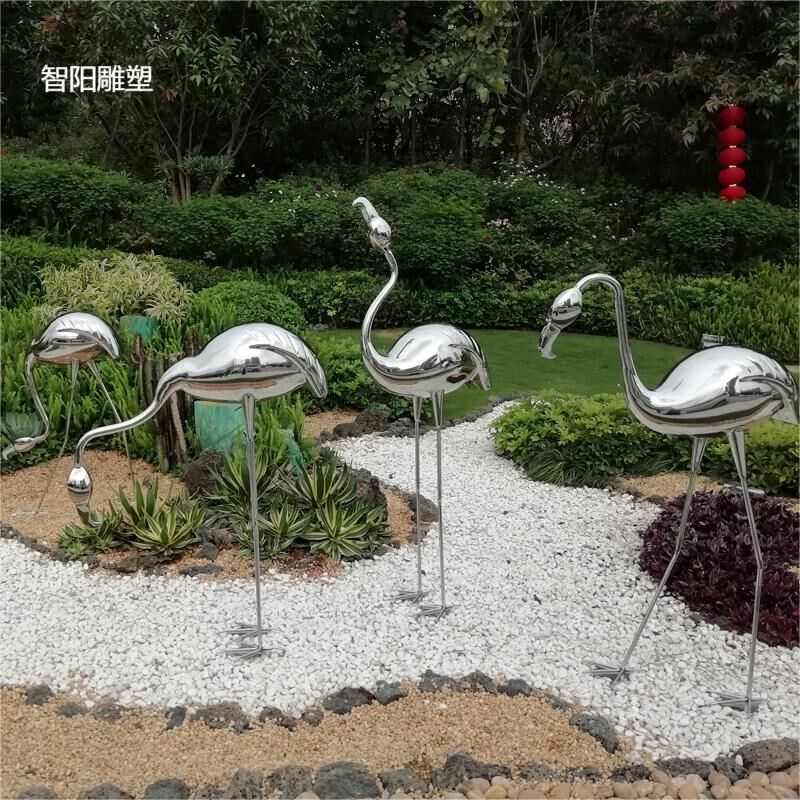 不锈钢仙鹤雕塑水景草坪园林景观飞鸟白鹭镜面火烈鸟天鹅落地摆件