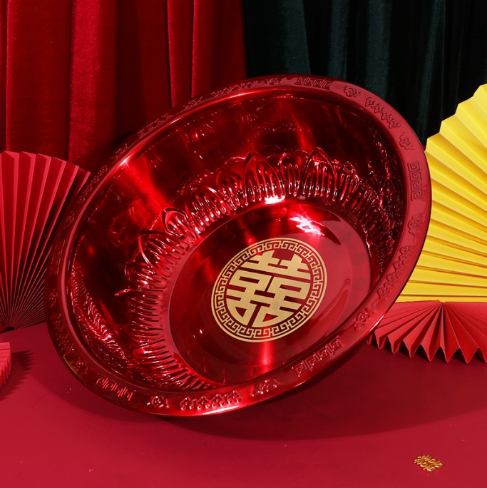 热销结婚礼纪脸盆嫁妆喜盆婚庆用品不锈钢金色和酒红色喜脸盆