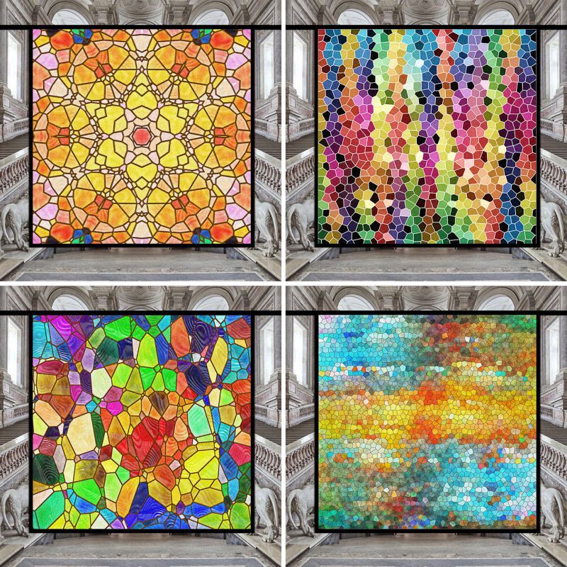 欧式彩色复古彩绘艺术静电磨砂玻璃贴膜衣橱柜门窗户窗花贴纸