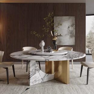 天然香雪梅奢大约理石圆餐桌转台盘轻61469高端别墅奢石餐大平层
