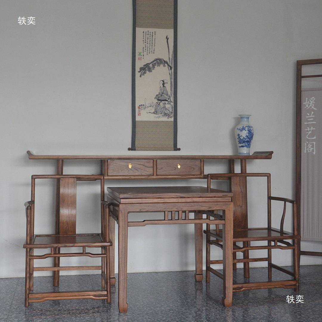 中式中堂件套老木实四木条案供台黑胡桃ZWC中堂件套六农榆村堂屋