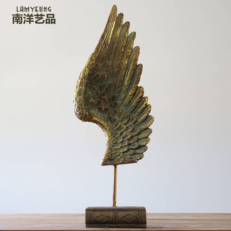 美式乡村复古做旧翅膀造型立体摆件书靠树脂家居装饰品酒柜创意