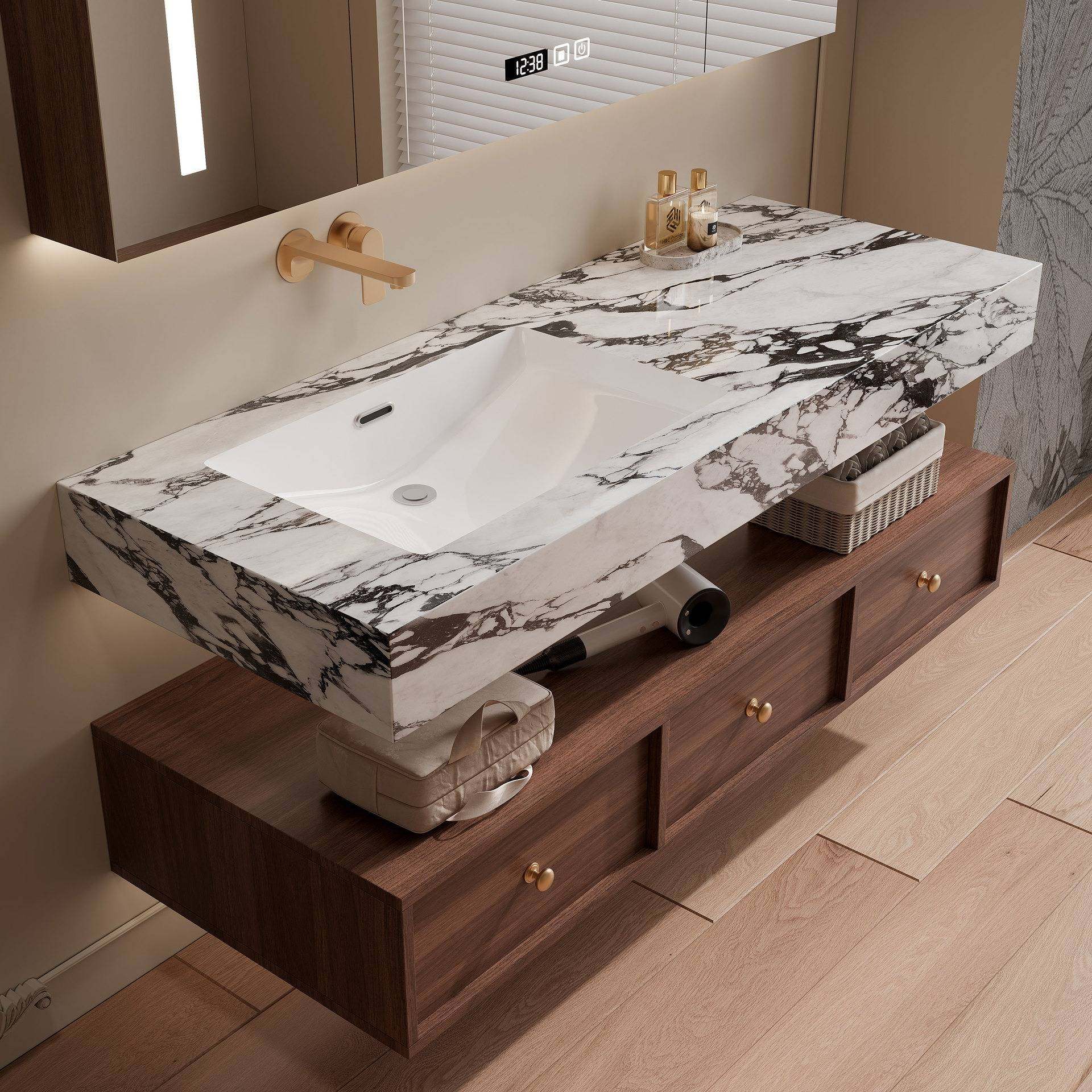 浴室柜中古风岩板热弯无缝一体盆组合新中式卫生间洗漱台洗手台