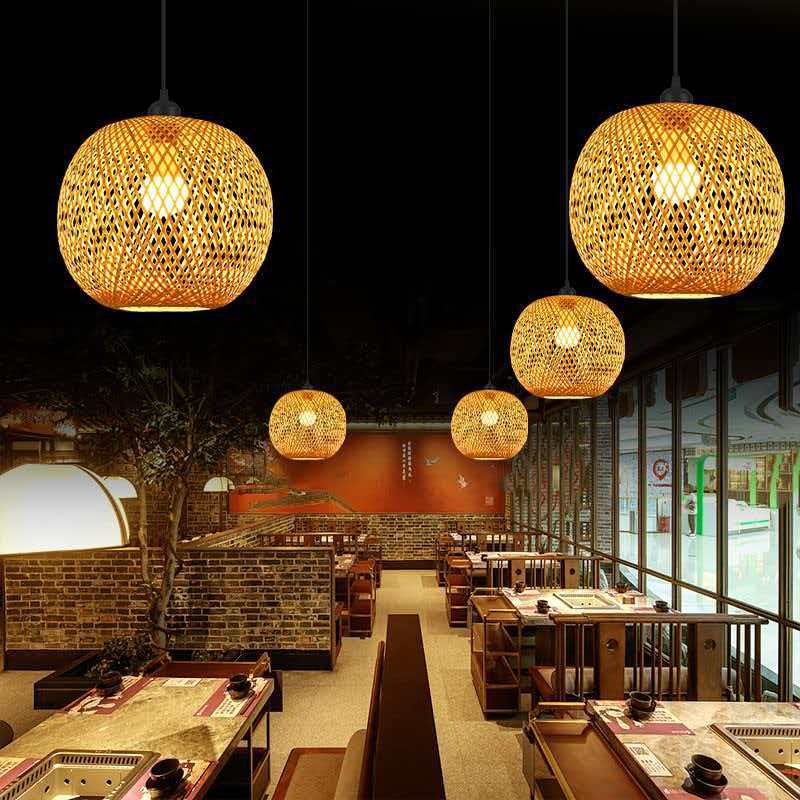 竹编圆形竹艺灯饰茶室民宿圆球楼梯吊灯日式餐厅吧台服装店铺灯具