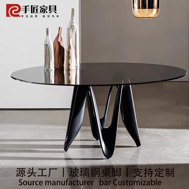 创意玻璃钢餐桌现代设计师客厅钢化玻璃圆形桌子极简方形艺术饭桌