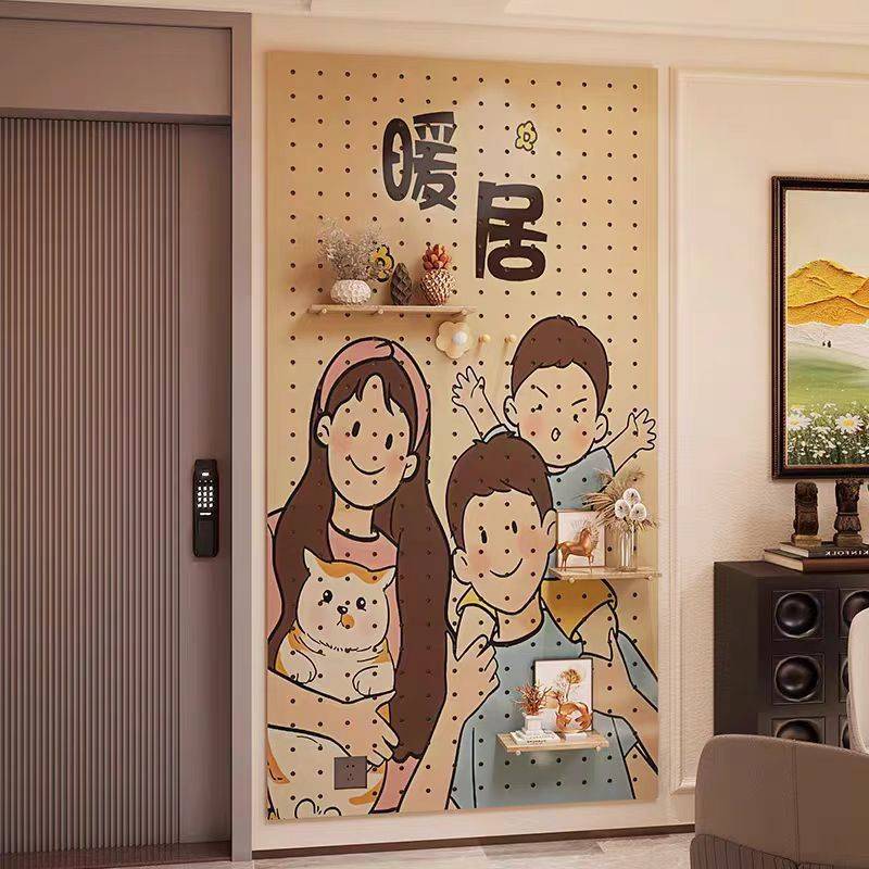 绘画创意实木洞洞板入户玄关儿童房民宿墙上置物架收纳装饰画绢花