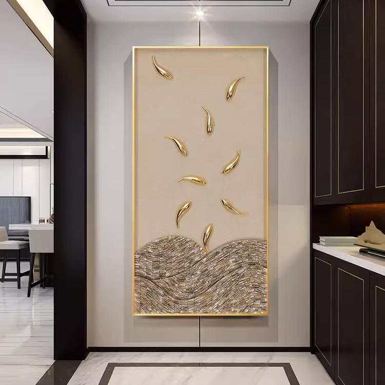 聚财轻九鱼图入户玄壳ZIY装饰画手工贝油画竖版奢高档走廊过关道