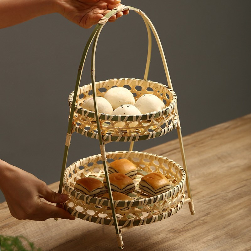 竹制品手工编织果盘多层茶点盘展示架竹编提篮酒店糕点篮零食果盘