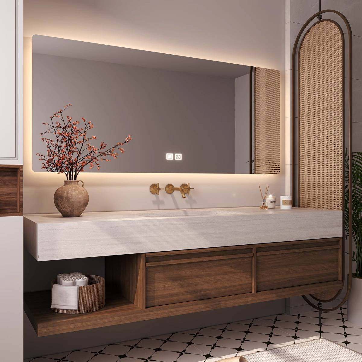 中古风岩板热弯一体盆浴室柜实木洗手洗脸台卫生间洗漱台源头厂家