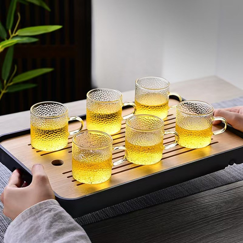玻璃小茶杯品茗杯玻璃杯带把手米粒锤纹功夫茶具配件耐热喝水杯子