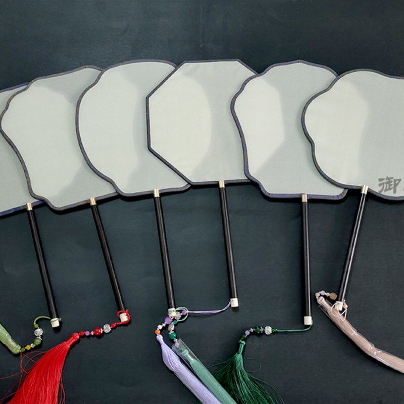 透明熟仿古真丝空白团扇 宫扇 古典异型工笔水彩画 刺绣黑檀柄