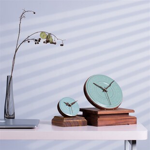 国潮创意青瓷座钟摆件高档客厅卧室书房仿古日晷时钟中式 饰品 装
