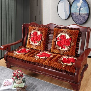 加厚红木实木沙发垫毛绒垫老式木头长椅单人三人组合沙发坐垫防滑
