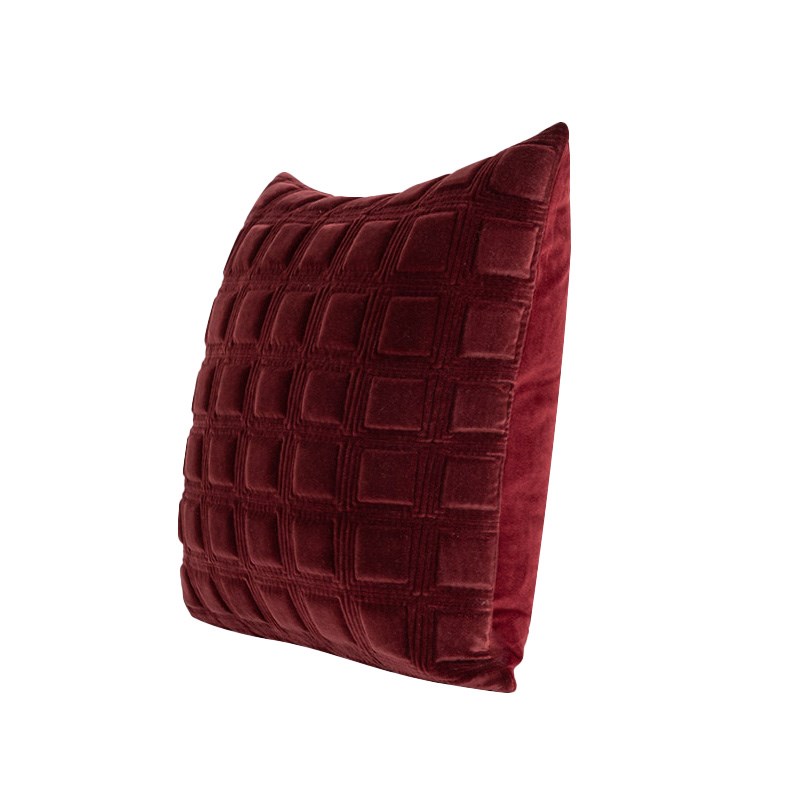 简约绗缝绒布靠垫沙发酒红色抱枕高级感床上靠包酒店样板间靠枕