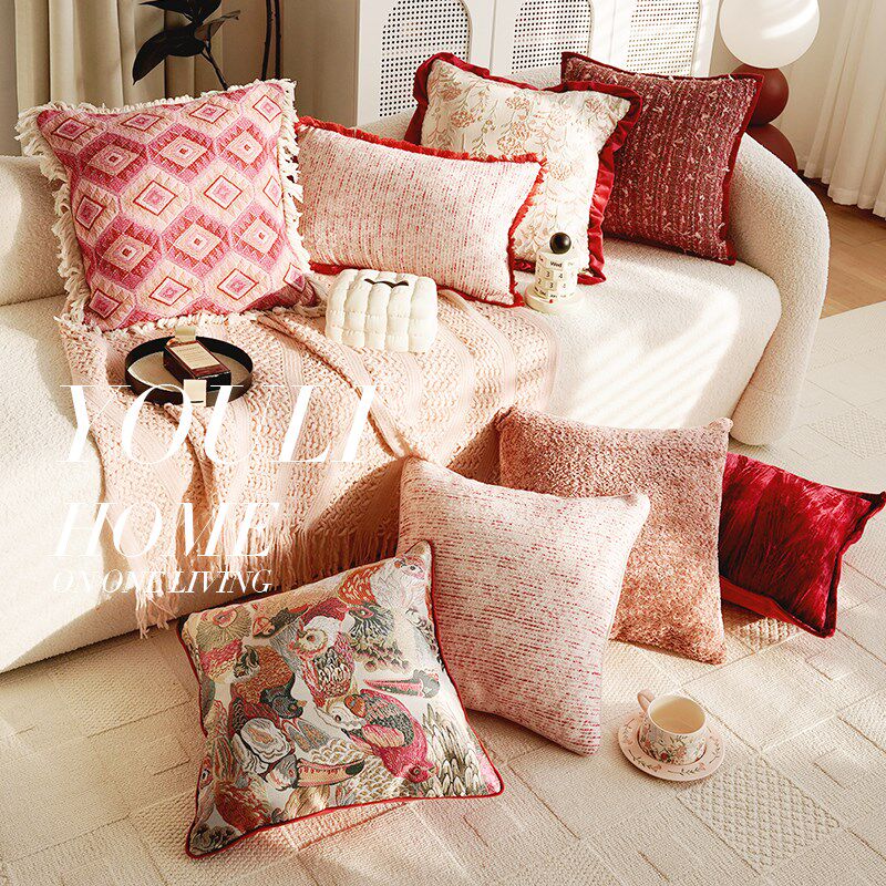 红色高级感粉色抱枕高级复古法式靠枕套靠垫沙发客厅抱枕套靠枕