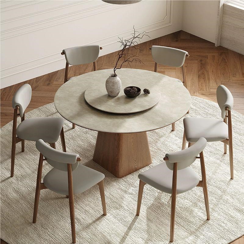 意式实木餐桌圆形带转盘家用餐厅小户型胡桃色侘寂中古风岩板圆桌