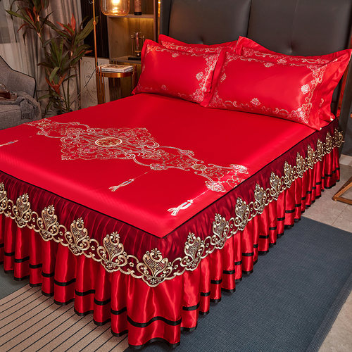 夏季结婚席子床裙款冰丝凉席三件套婚庆陪嫁可折叠式机洗空调软席