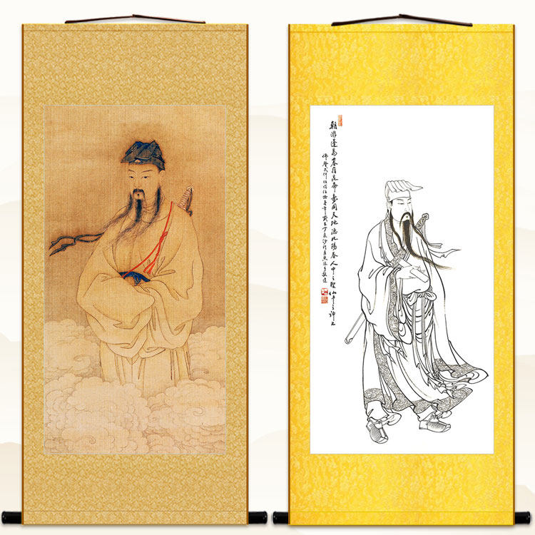 吕纯阳吕祖师画像 吕洞宾白描道像画 卷轴画挂画 绢布材质已装裱